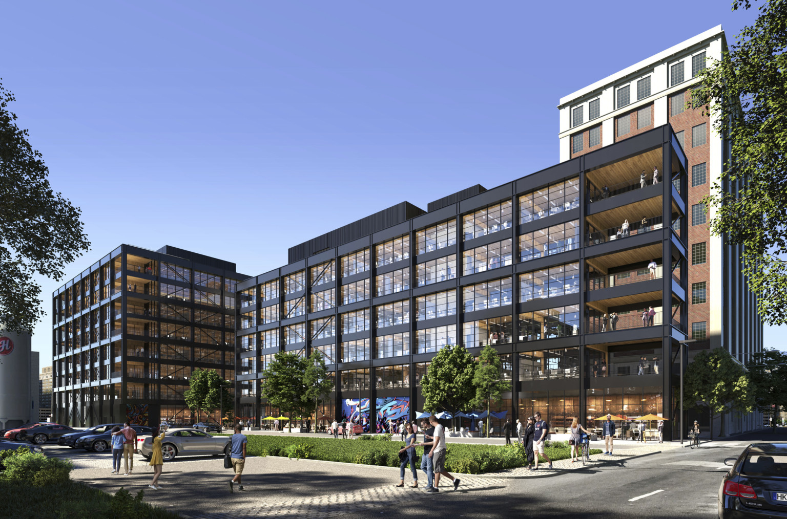 design concept for a large mixed use mass timber building in Canada. Black facade with green grass courtyard