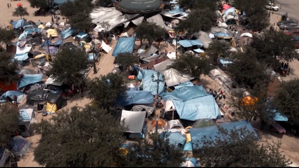 Aerial view of the tents and campsite at a migrant camp in reynosa mexico