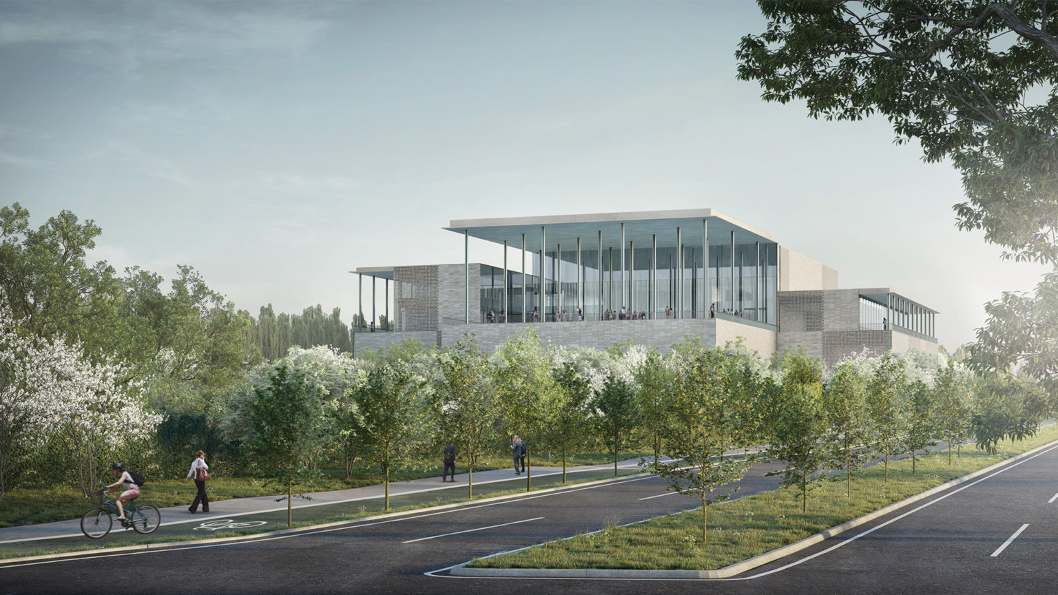 rendering of world's seventh ismaili center; a glass and stone building with a second level terrave overlooking a green park