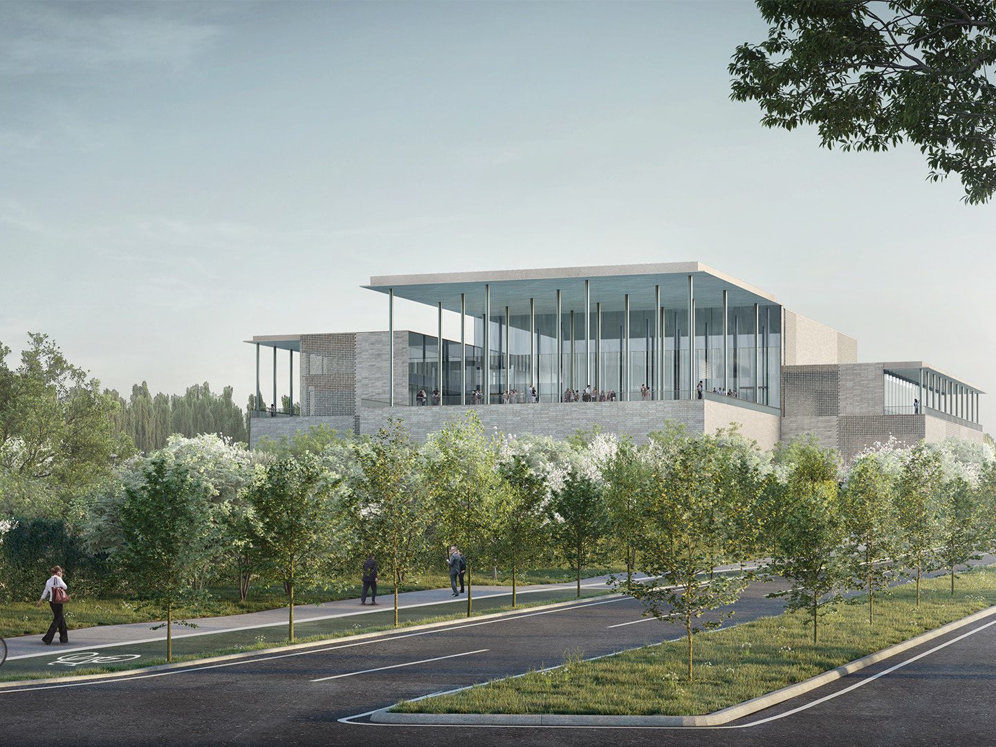 rendering of world's seventh ismaili center; a glass and stone building with a second level terrave overlooking a green park