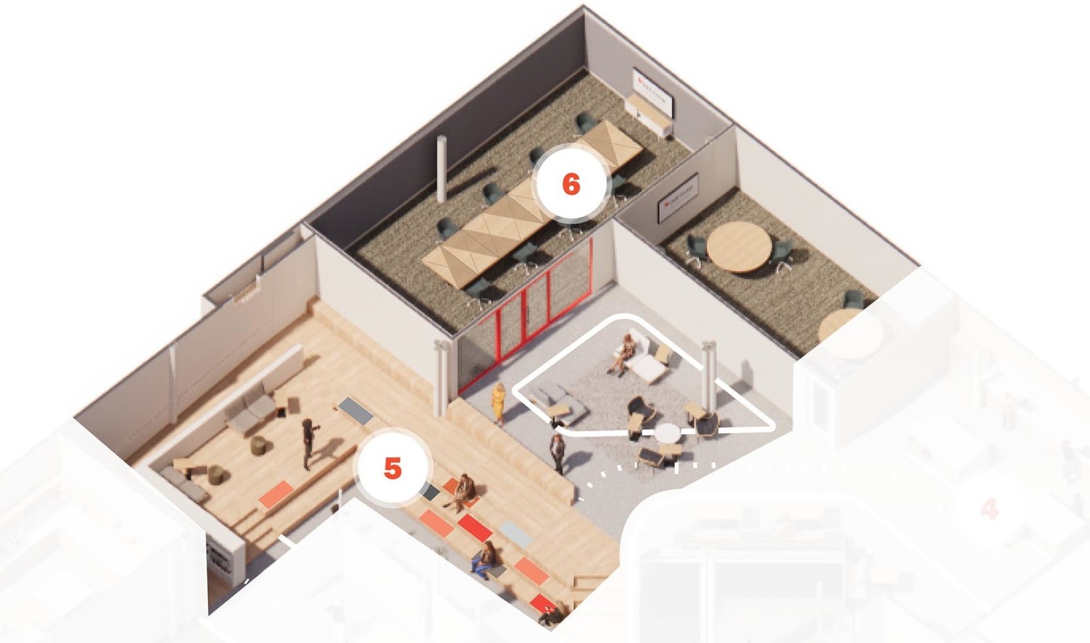 Aerial view rendering looking into layout of part of office with numbered sections