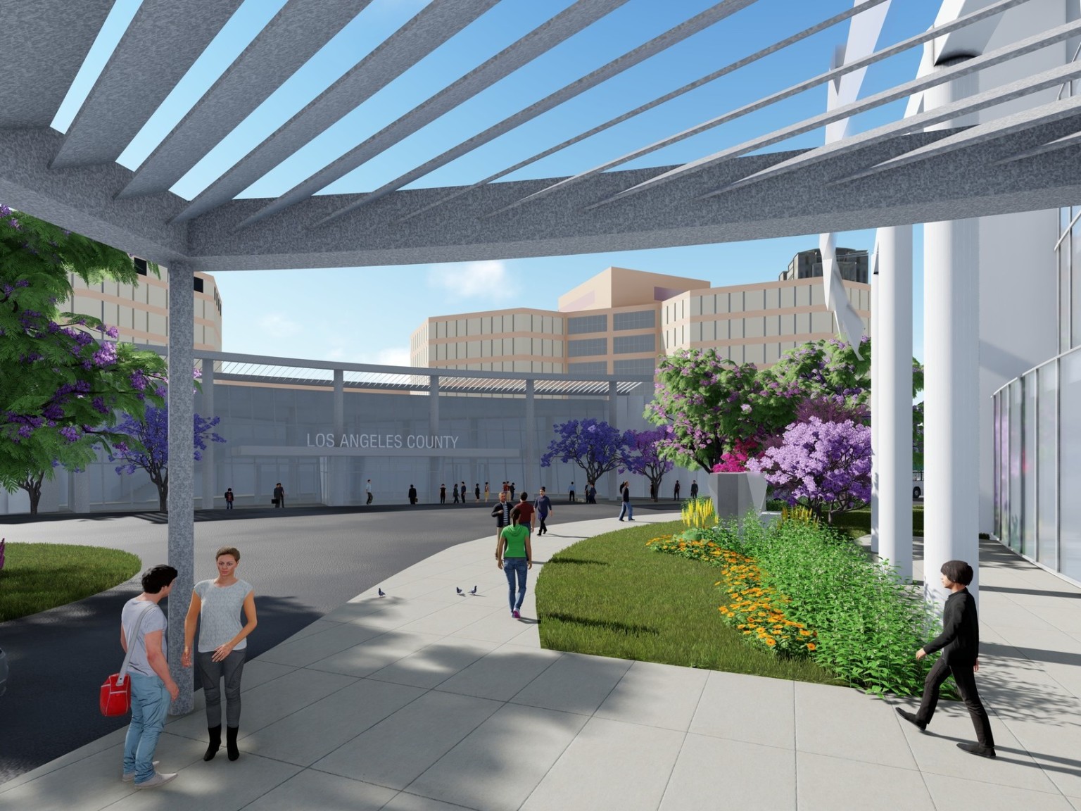 An exterior walkway lined with plants . The entry to the building is partially covered. A tall cement wall surrounds the area