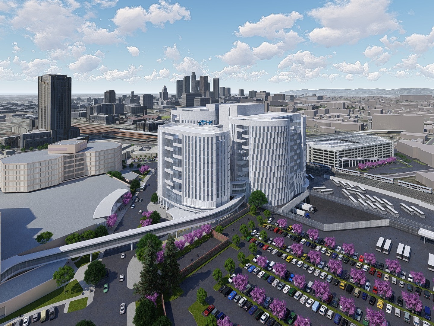 Color rendering of the white building in front of the Los Angeles skyline