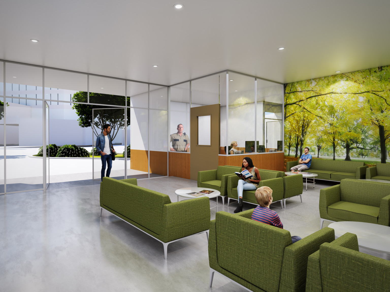 Seating area at entry with green armchairs. A mural of green trees is on the right wall next to a glass office.