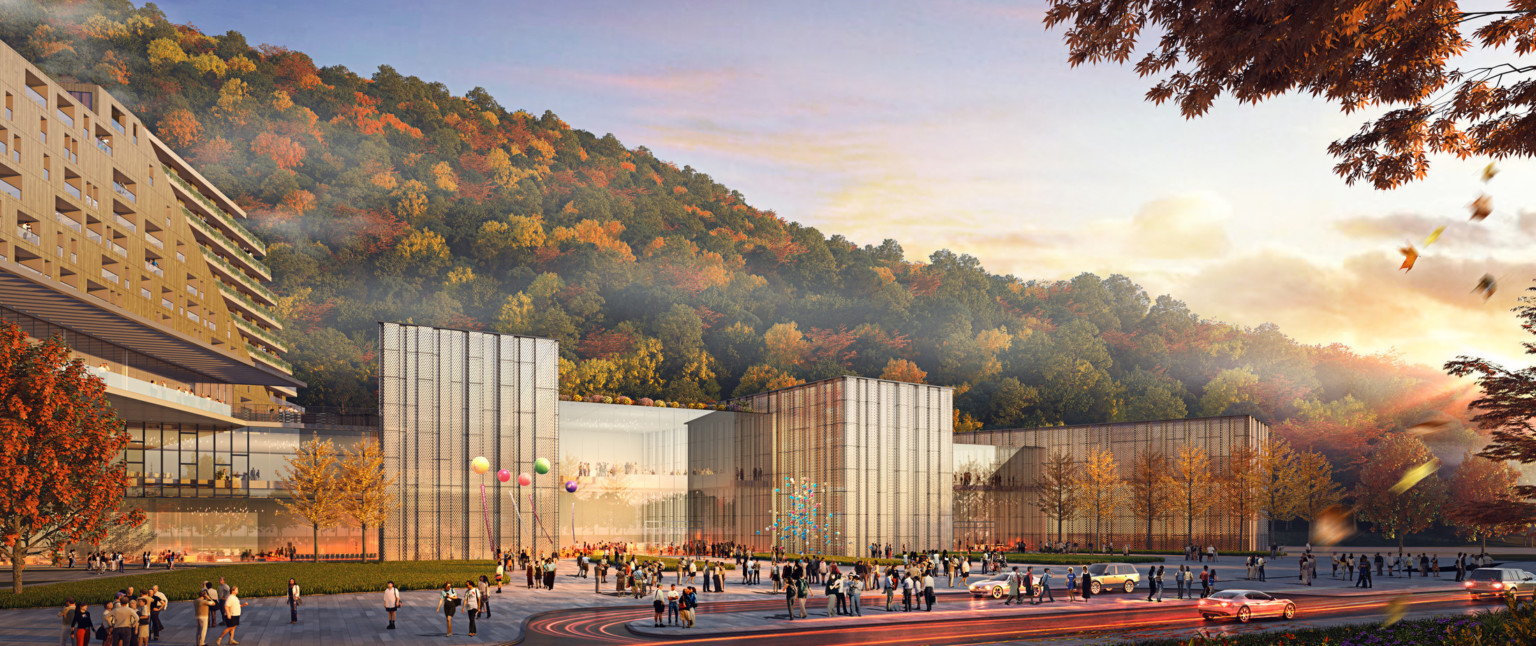 Rendering of textural glass building with flat glass recessed sections in front of tree covered hill seen from across street