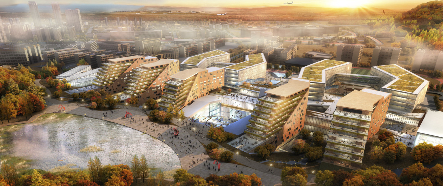 Five brown buildings with stepped balconies facing water next to four angled buildings connected in pairs by a skywalk