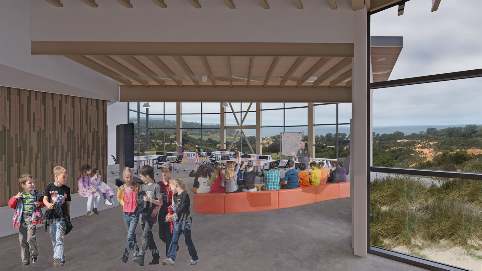 kids in casual learning setting of floor to ceiling glass walls and wood beam ceilings overlooking sand dunes and sea horizon