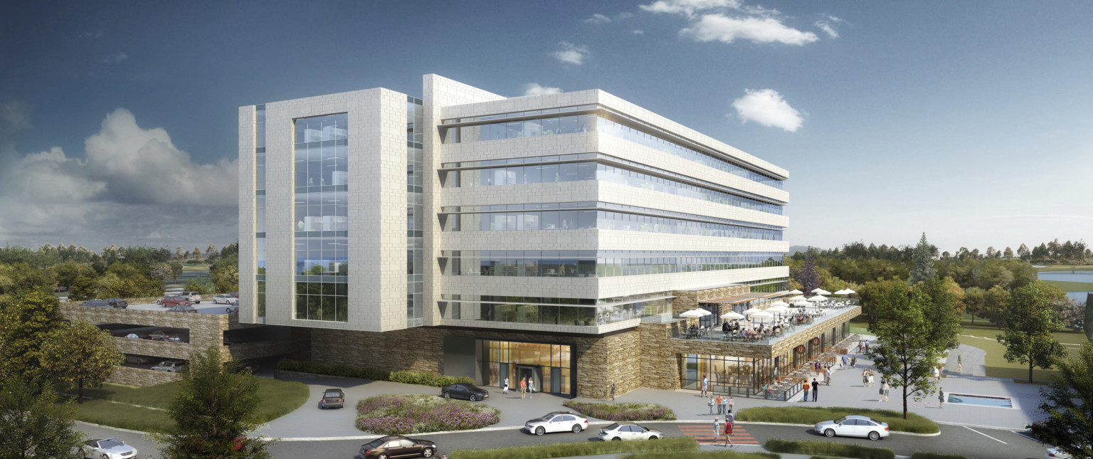 Stone base of glass building with white wrapped facade. 2nd floor balcony with seating over double height window 1st floor