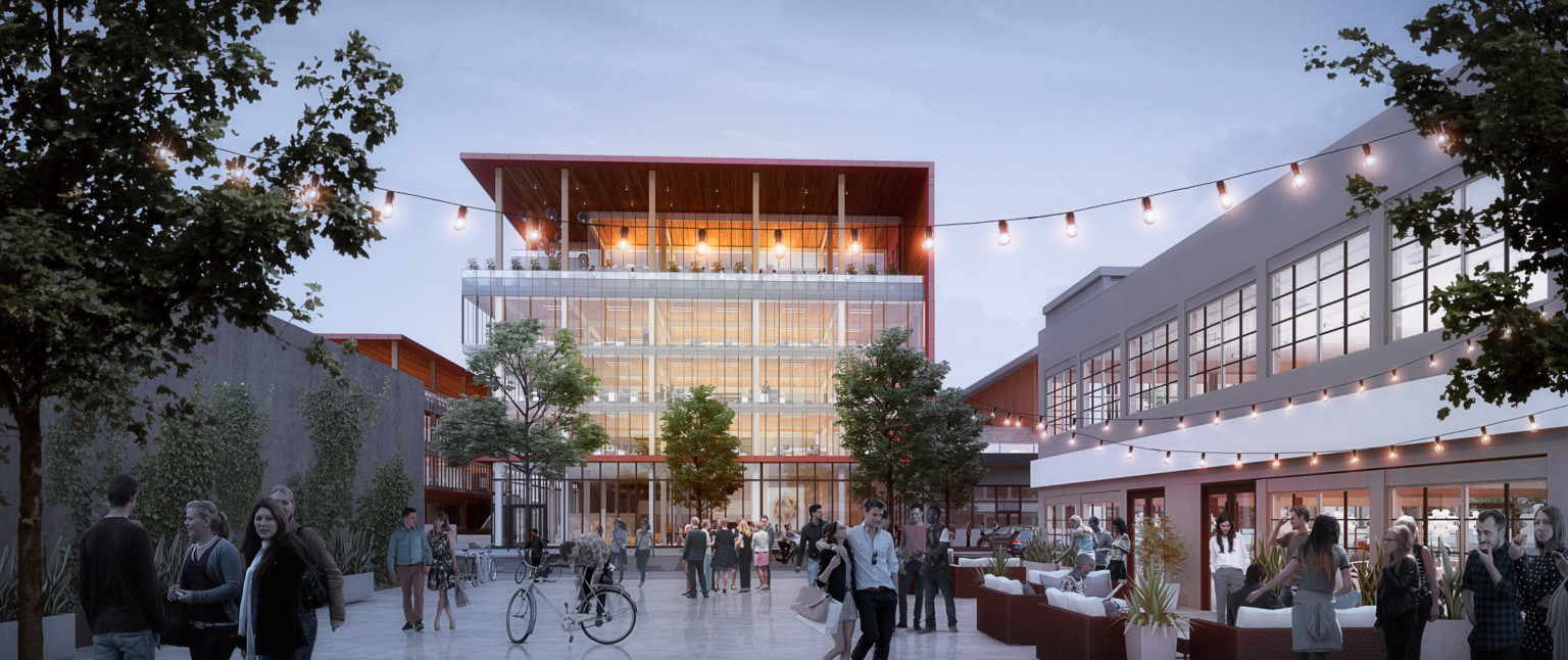 Courtyard with trees and greenery between buildings with lights strung overhead. Lounge seating, right