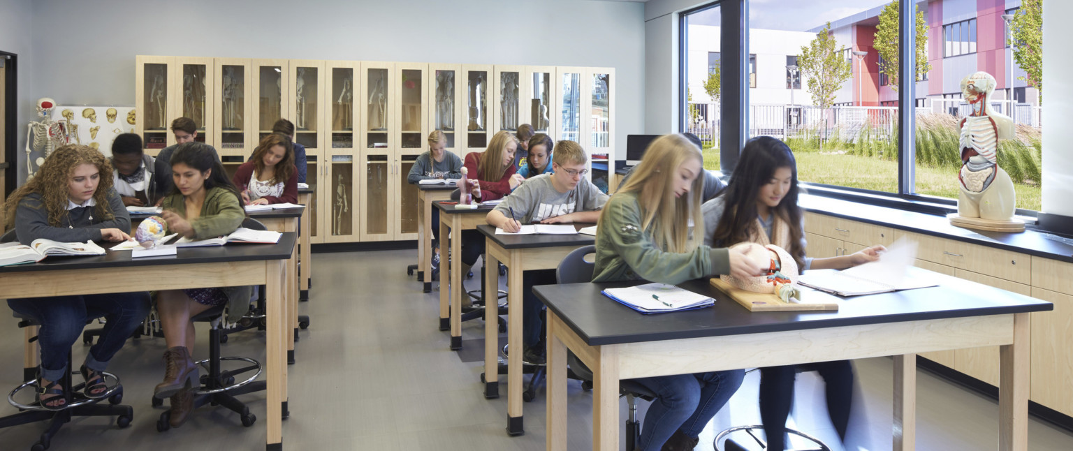 Wood shelving and tables with black counter tops and flexible chairs. Large windows on right classroom wall look to nature