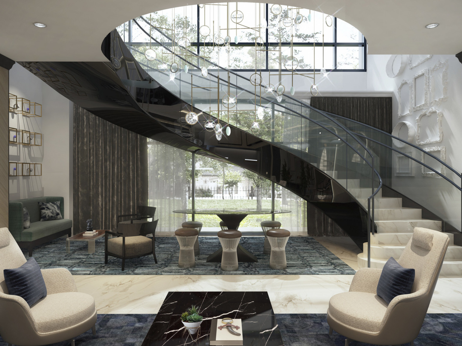 2 seating areas divided by a walkway at the base of a marble spiral staircase with shiny black base and glass bannister