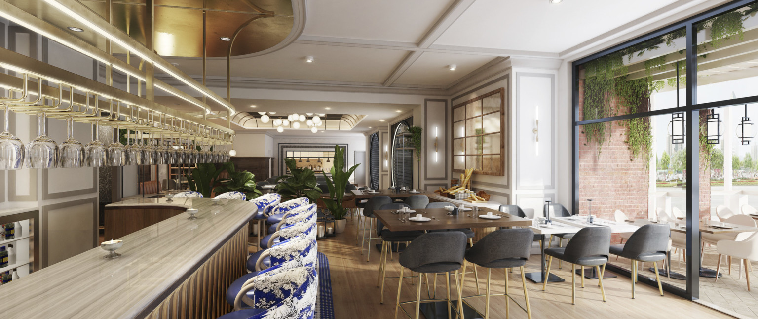 Bar with wood counter and ribbed base and blue patterned stools to the left of dining area with floor to ceiling window