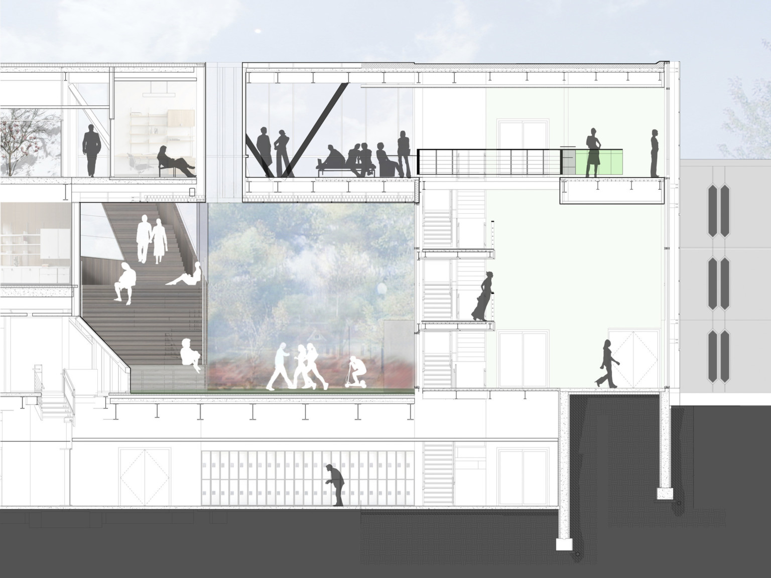 Architecture blueprint of 4 story building and basement showing figures in different potential gathering places