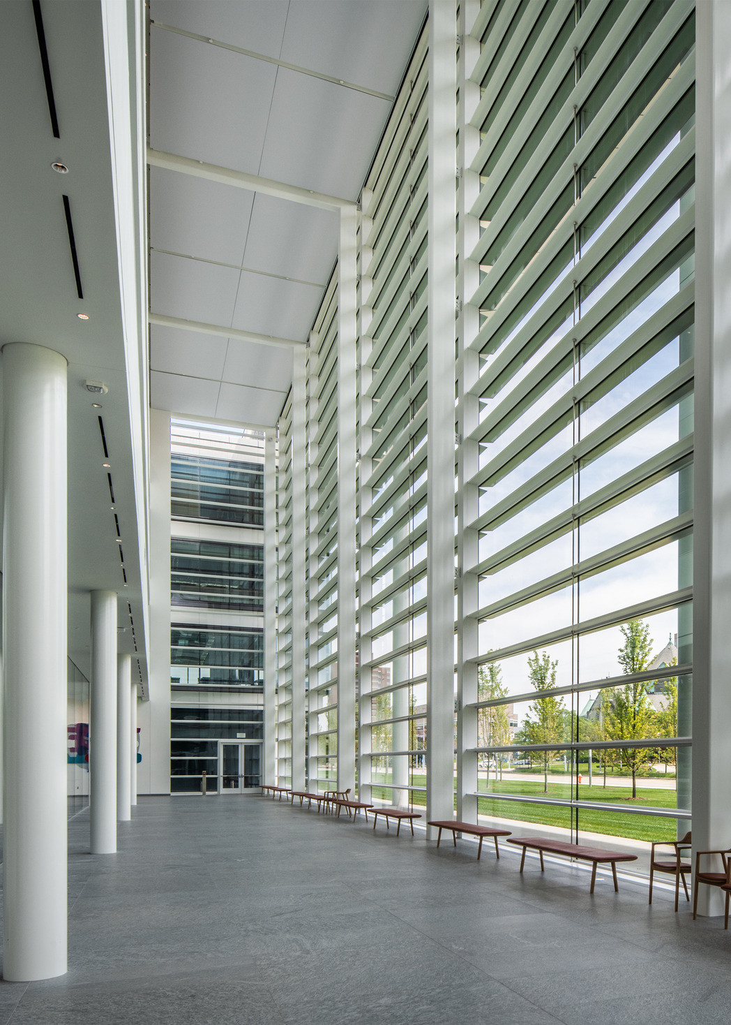 Double height windows to the right partially covered by white slats, benches below. White pillars left under dropped ceiling