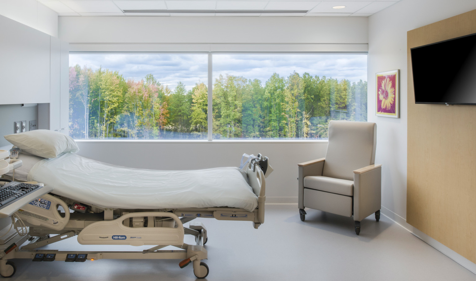 Hospital bed reclined in front of large window with views of trees. An arm chair faces the bed at the foot