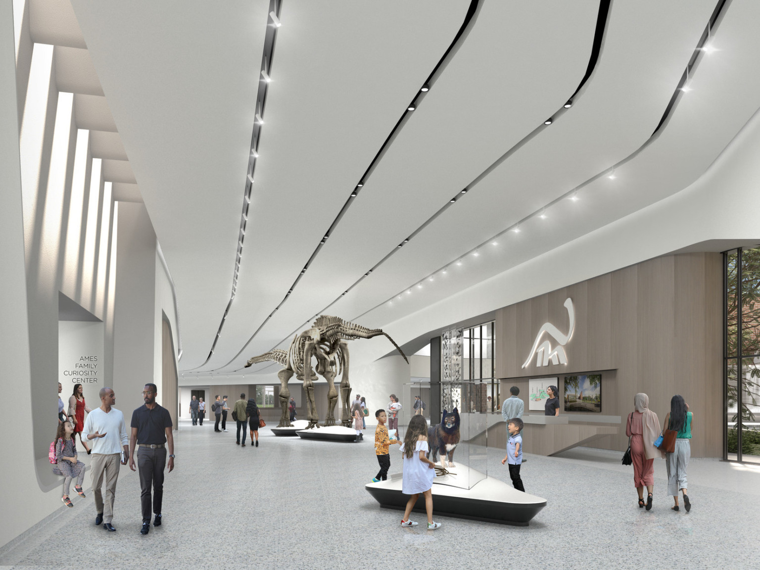 Interior view of a gallery hallway, white striped dimensional ceiling design curves with room and provides recessed lighting