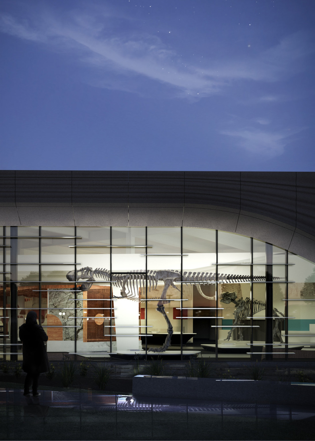 Rendering of gallery exterior at night, illuminated with exhibits visible, including a large dinosaur skeleton