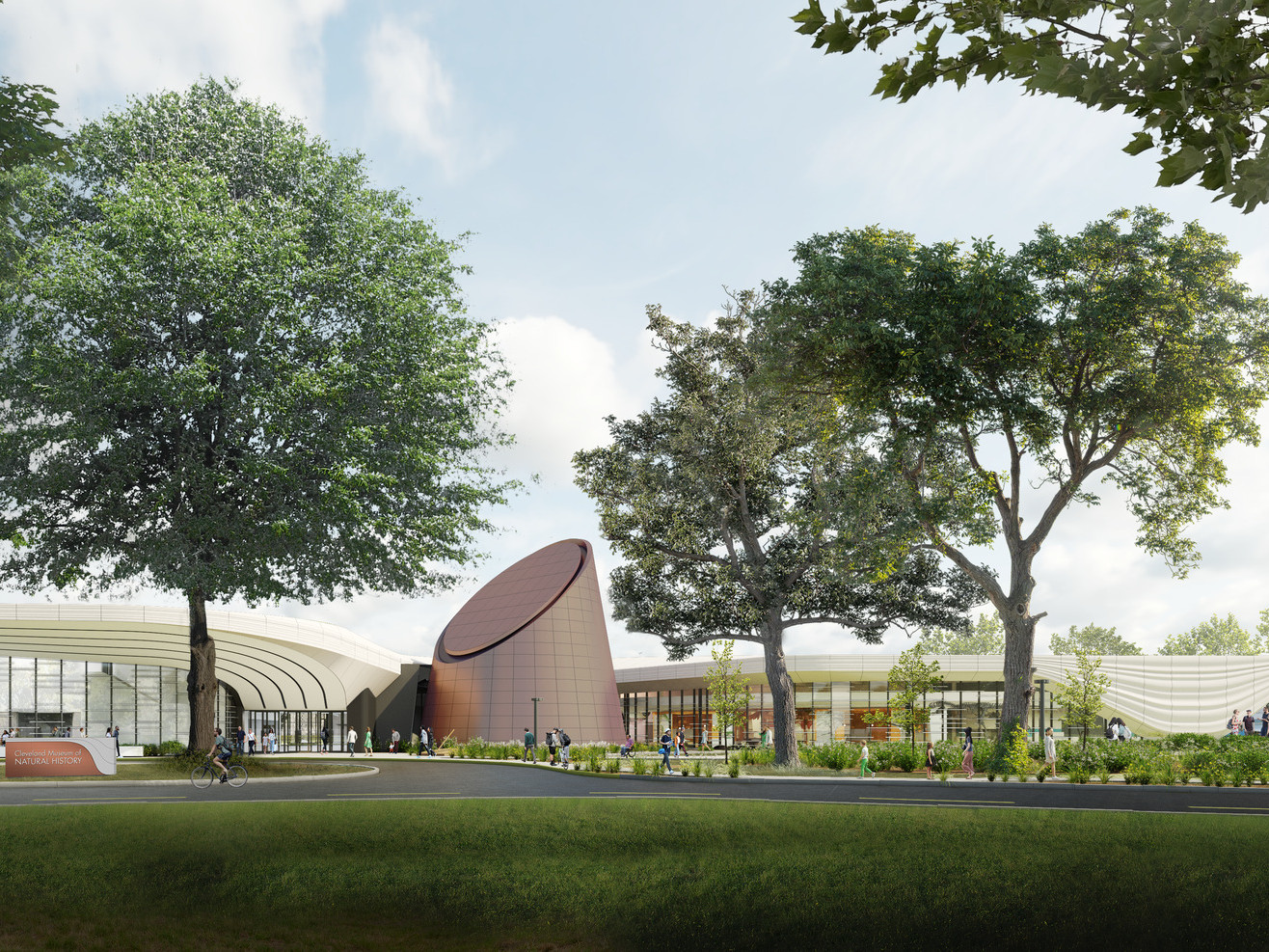 cropped image of museum entry showing flowing lines and textures of white roof with large metal sculpture surrounded by trees