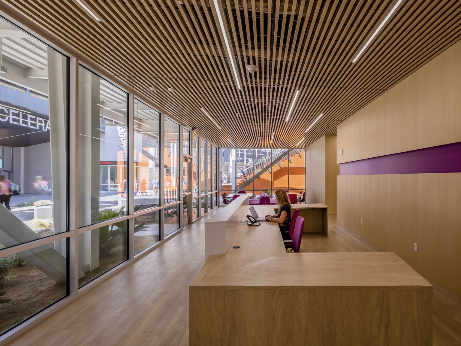 A long wooden desk with white partition faces floor to ceiling windows in a room with hardwood flooring and back wall