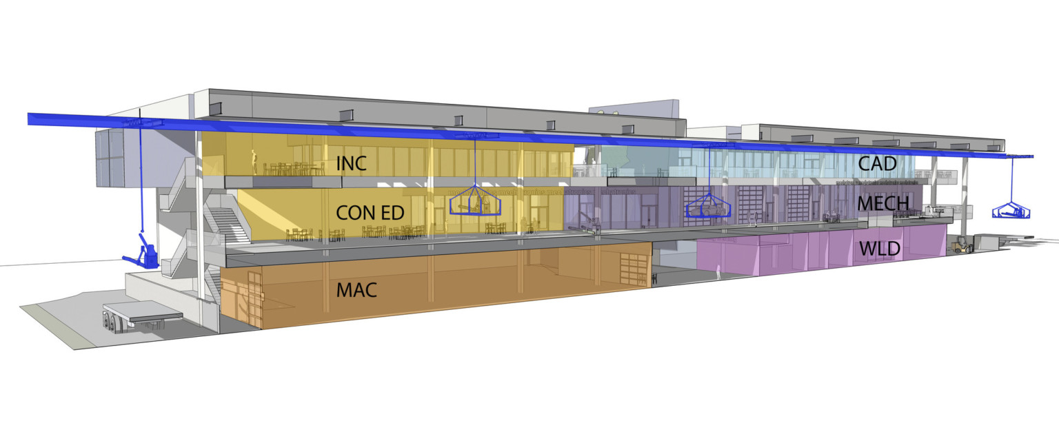 Rendering of building looking in the side of all 3 levels with areas color coded and labeled