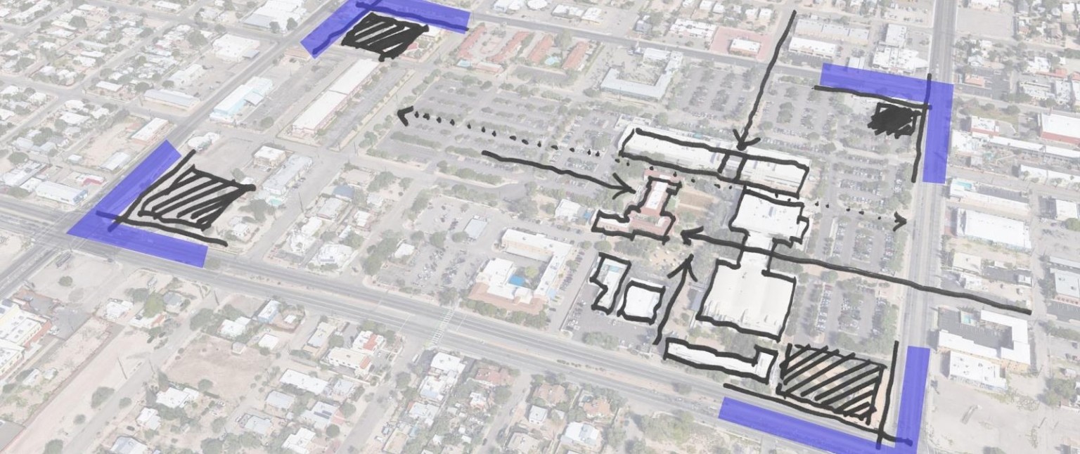 Sketches overlaid on satellite map of site, with buildings outlined and arrows depicting traffic flow