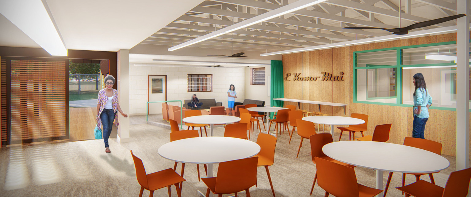 Dining area with white round tables and orange chairs. White trusses above, entry to left, and Hawaiian welcome written right