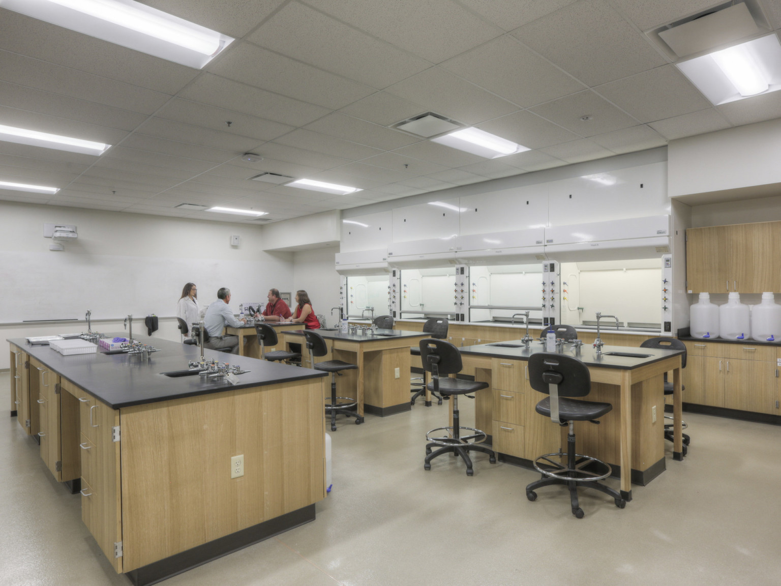 Wood lab tables with black counters in white room with lights recessed in panel ceiling. Storage and counter space along back