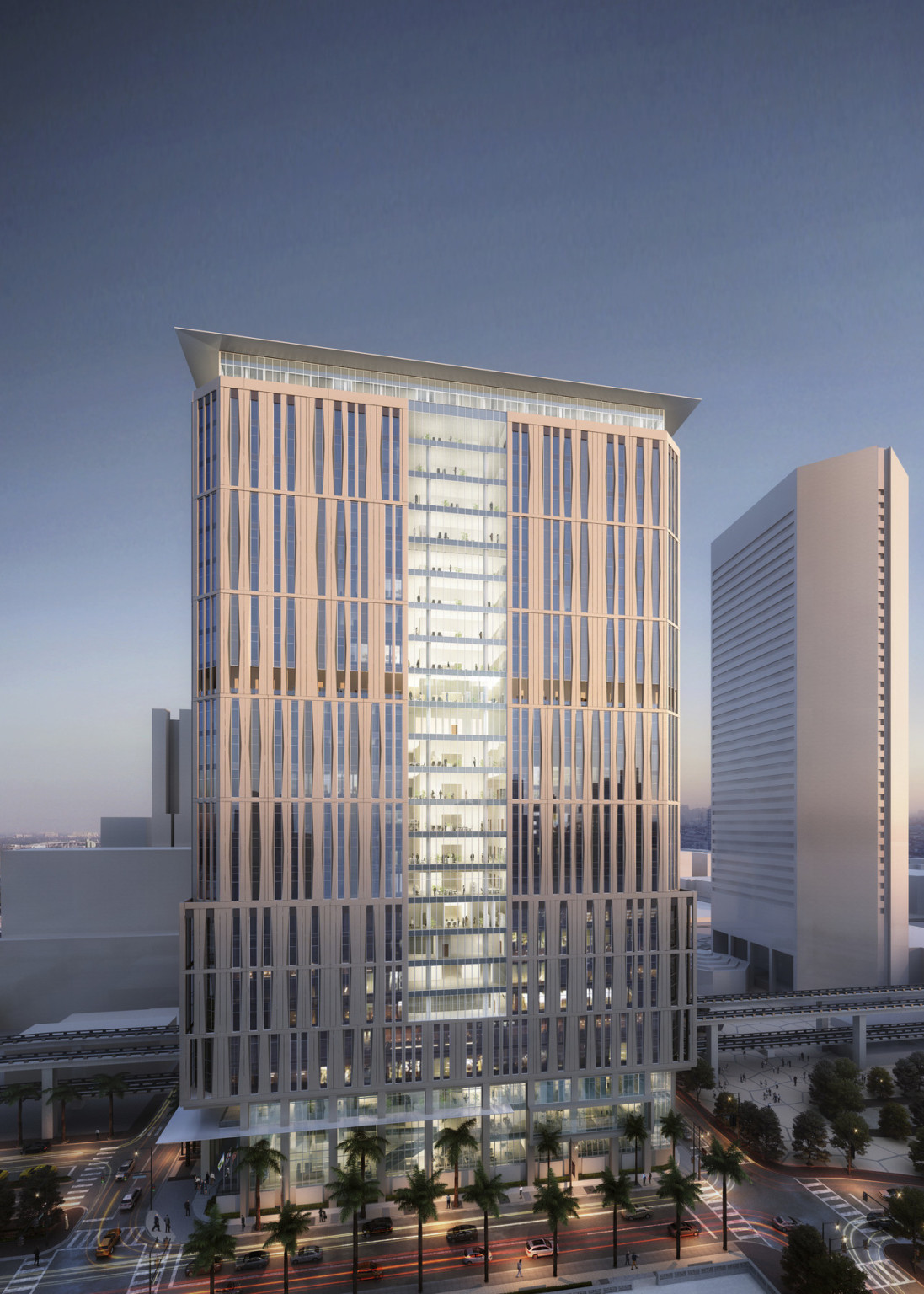 Rendering of a 25 story beige tower with glass center section. The bottom is floor to ceiling windows
