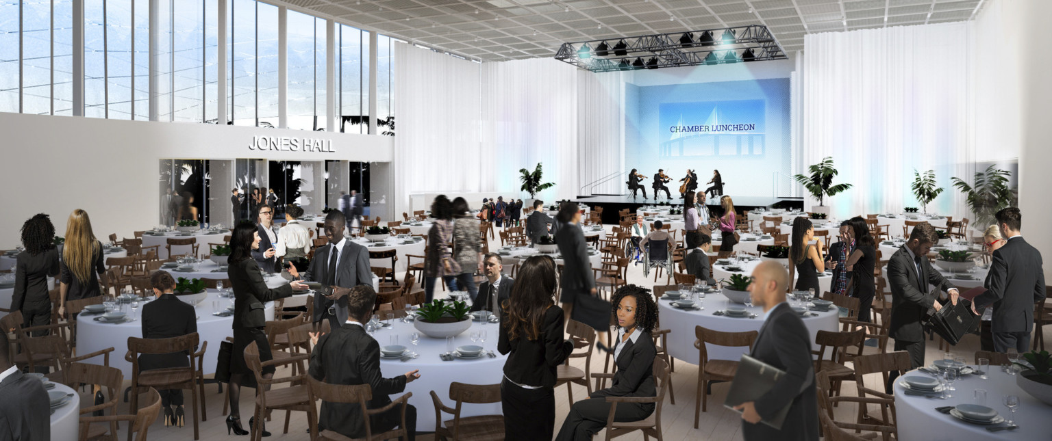 Rendering of a white room with high ceilings filled with round tables and chairs in front of stage with a quartet playing