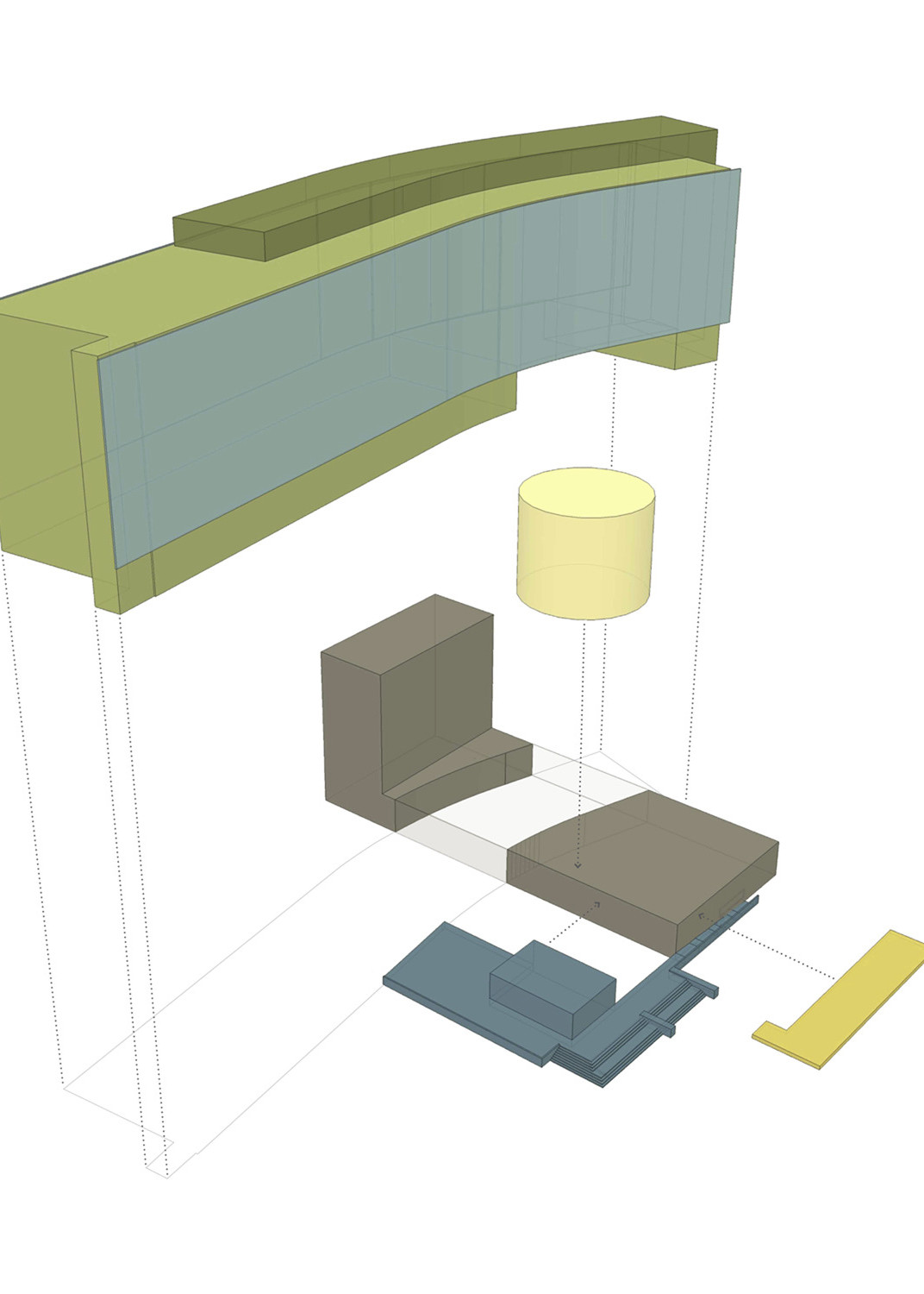 A color coded rendering showing how the different portions of the structure fit together