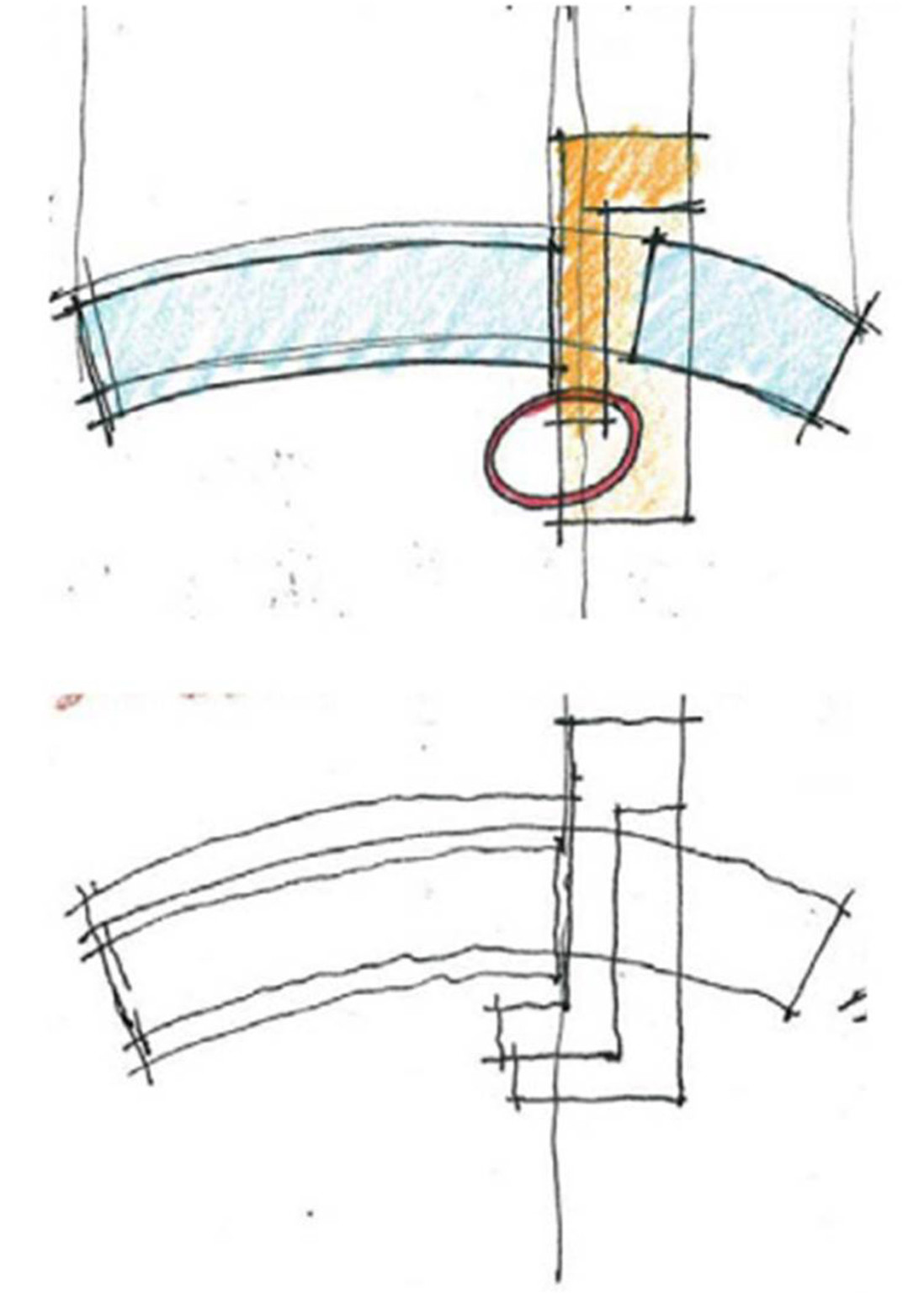 An initial hand drawn sketch of the structure with color coded portions at top