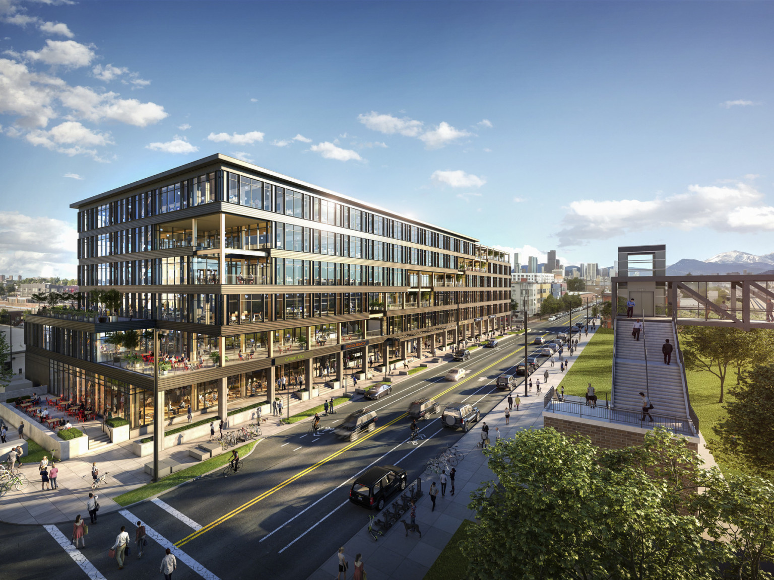 Hines T3 location in Denver's River North (RiNo) district. Corner view of glass and exposed steel facade with wood columns, mass timber buildings, t3 design, mass timber high rise, t3 construction, t3 partners