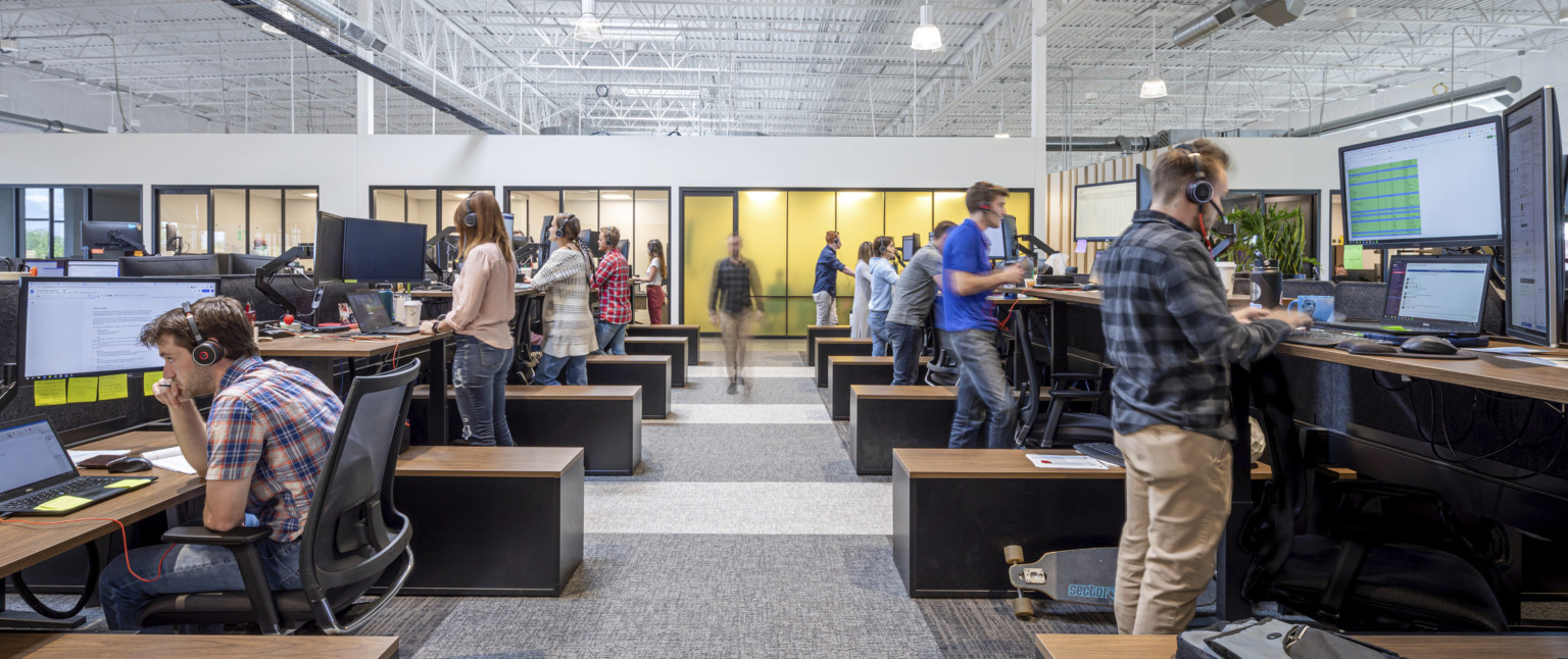 2 rows of opposite facing adjustable height desks in double height room in front of wall with translucent yellow windows