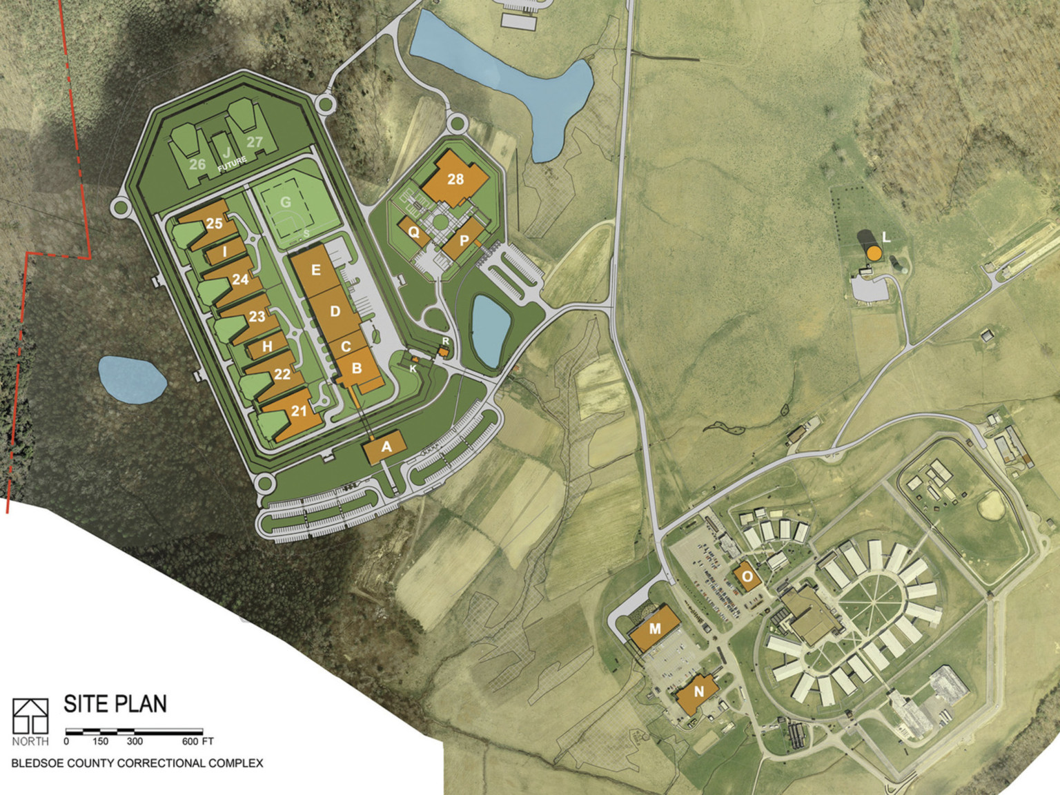 Rendering labeled Site Map with Bledsoe County Correctional Complex mapped on location with numbered and lettered labels