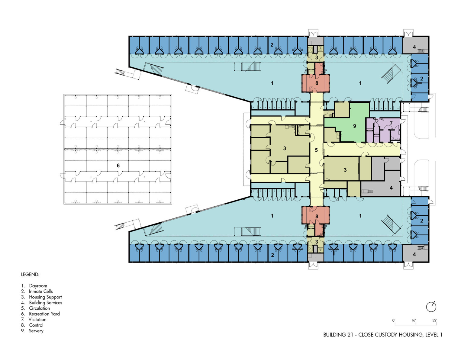 Floorplan labeled Building 21 - Close Custody Housing Level 1. Sections numbered with legend at lower left and scale to right