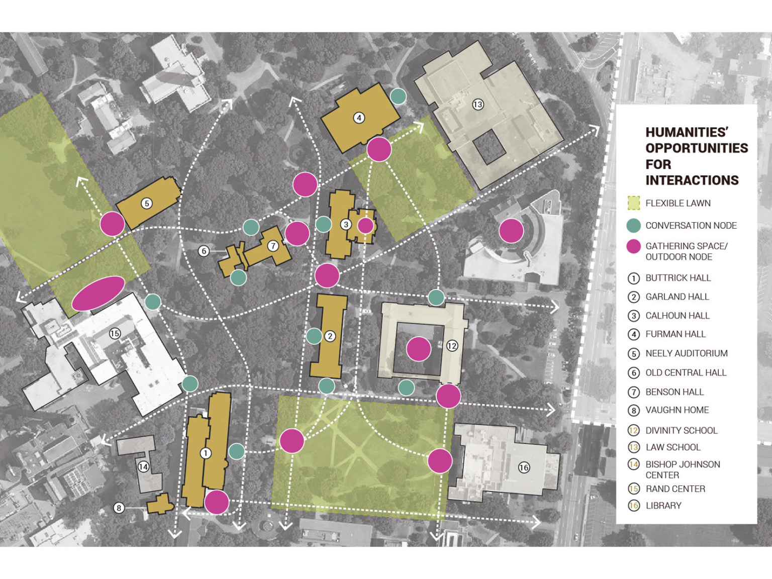 Satellite view of site with map blueprint overlay. Legend to right of map labeled Humanities' Opportunities for Interaction