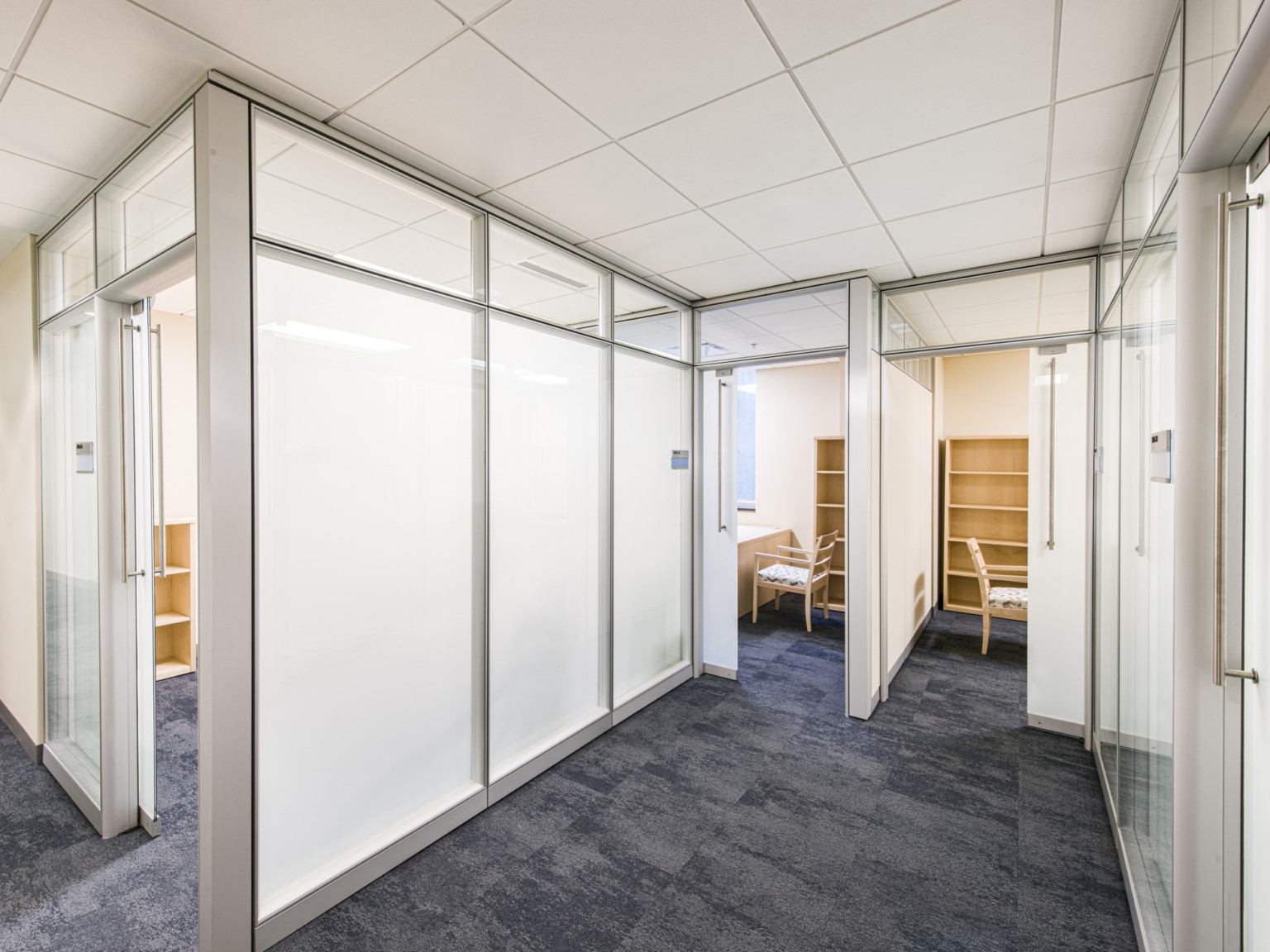 Carpeted office with private offices separated by translucent white walls. Inside are light wood shelves, desks, and chairs