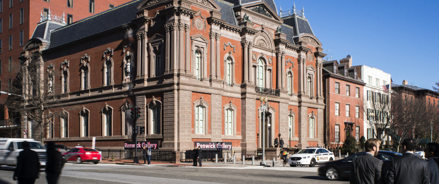 Exterior corner view of Smithsonian American Art Museum's Renwick Gallery from across a busy street