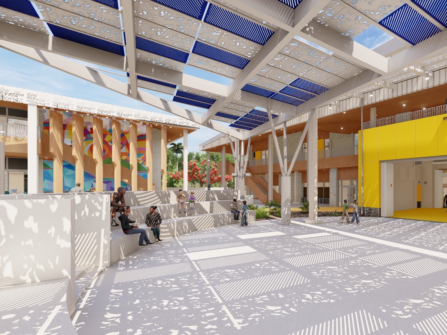 White stepped seating in courtyard surrounded by 2 story wood accented buildings. Blue and white perforated sunscreen above