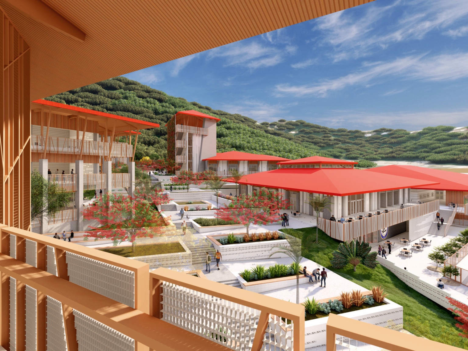 Balcony overlooking walkway in courtyard. Stone steps and planters surrounded by buildings with red overhanging canopies