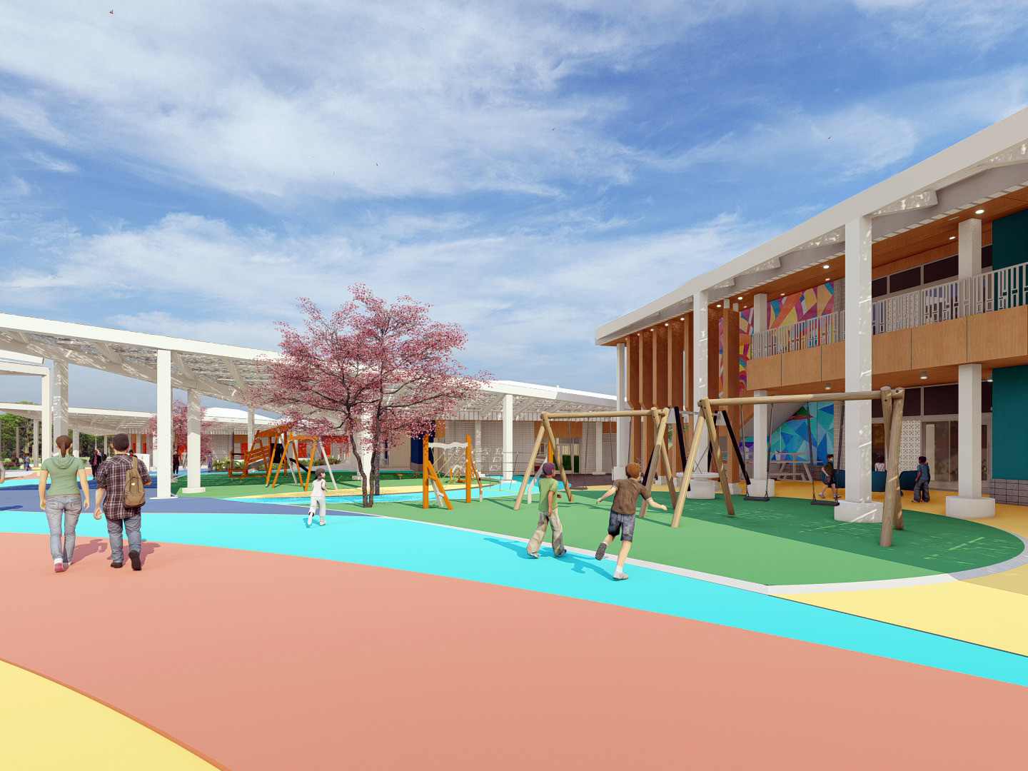 Multicolor stripes on path with swings to right in front of 2 story building with balcony and white columns. Sunscreen left