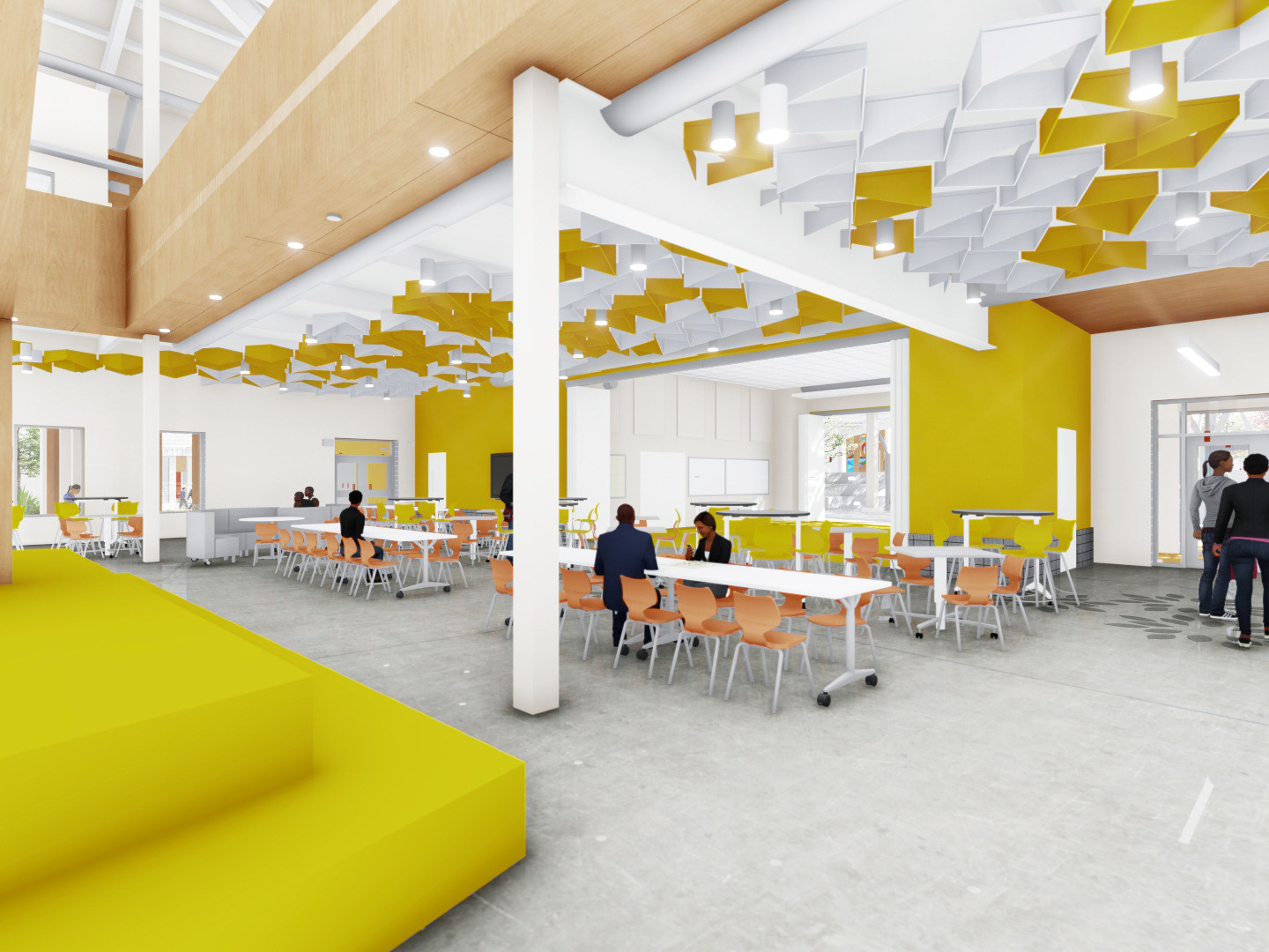 Tables in white and yellow room with 3 dimensional ceiling details. Yellow step bench, left, and wall, right with wood accent