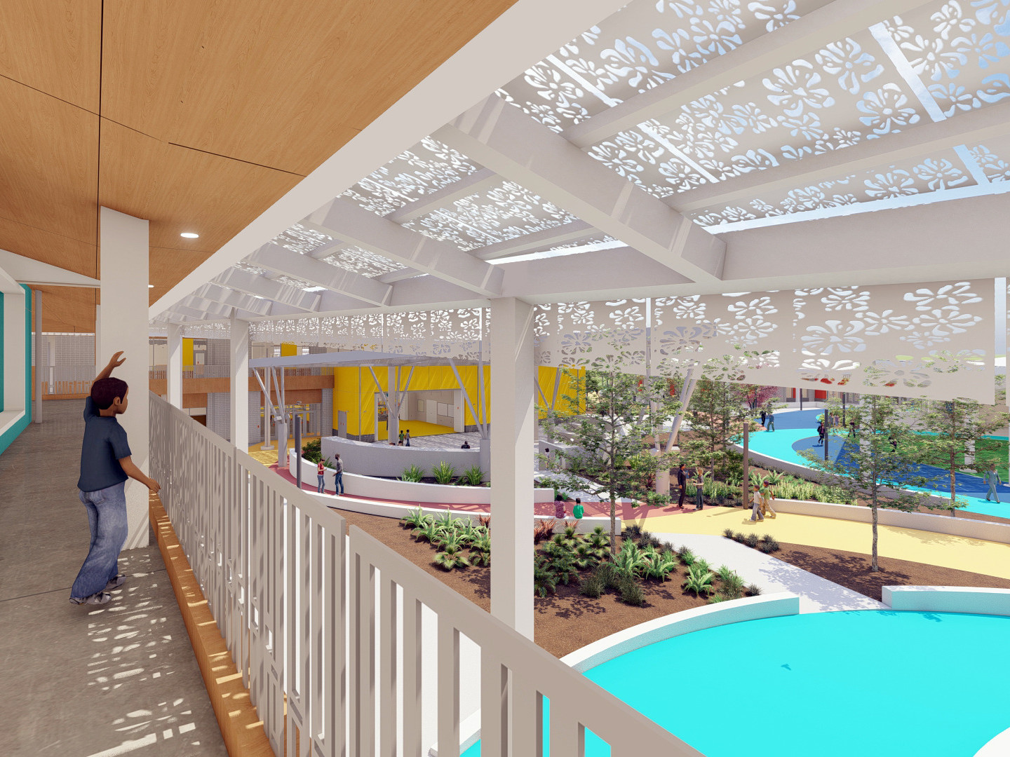 2nd floor exterior walkway with white railing and perforated awning extending from wood ceiling overlooking multicolor paths