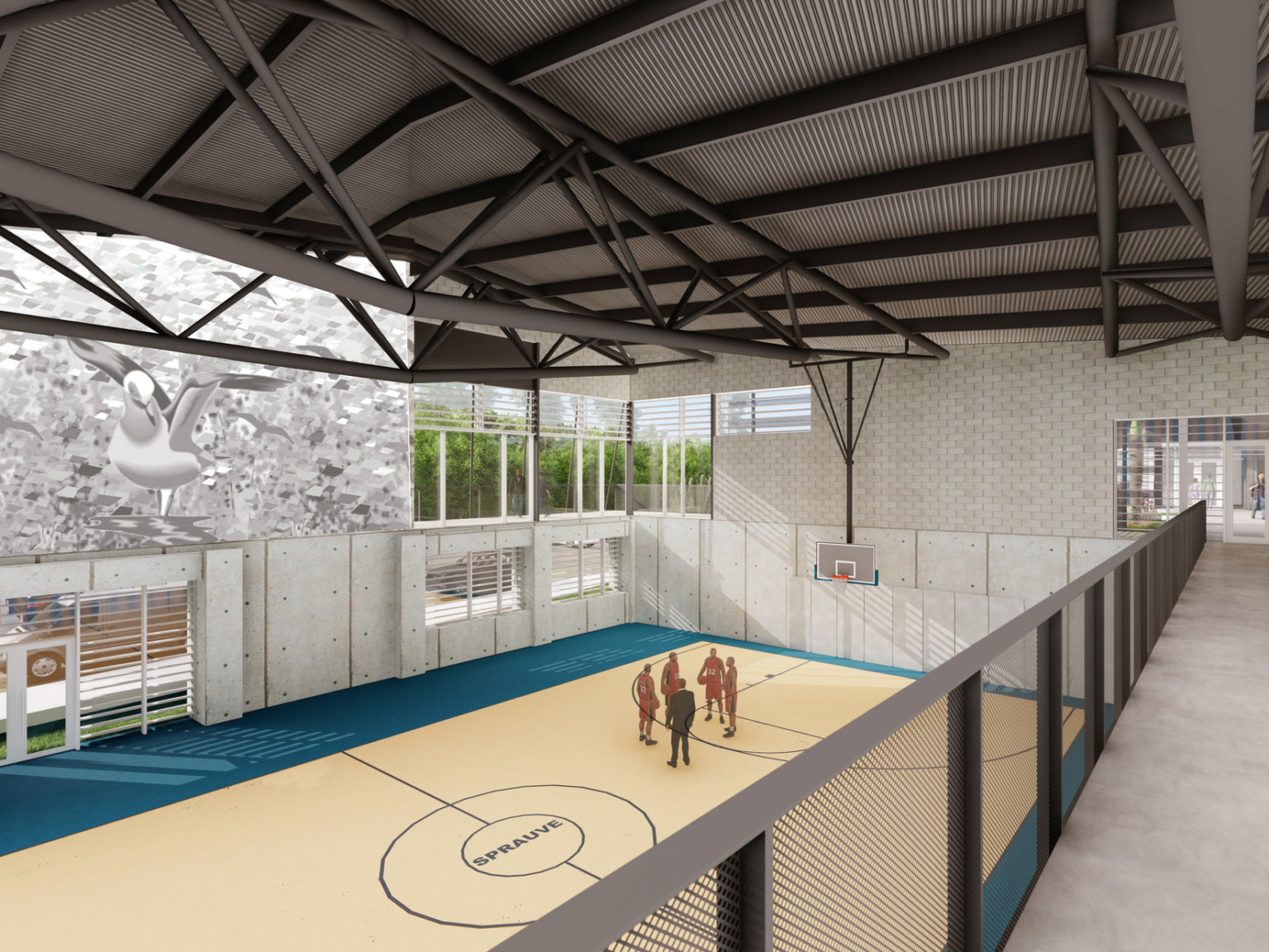 2nd floor walkway overlooking basketball court. Exposed beams above, windows on left wall frame mural of bird over glass door