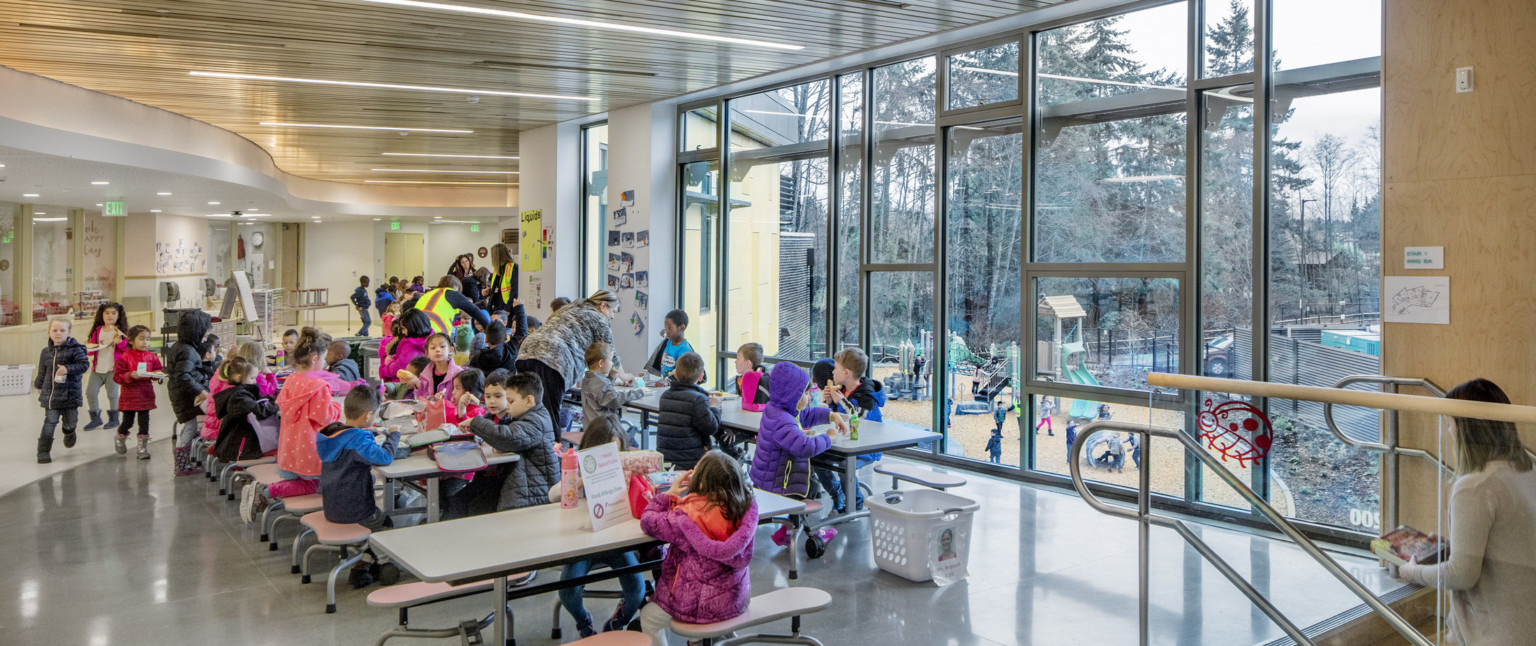 A lunch room with floor to ceiling windows with views of the playground. Above, a curved wood ceiling detail