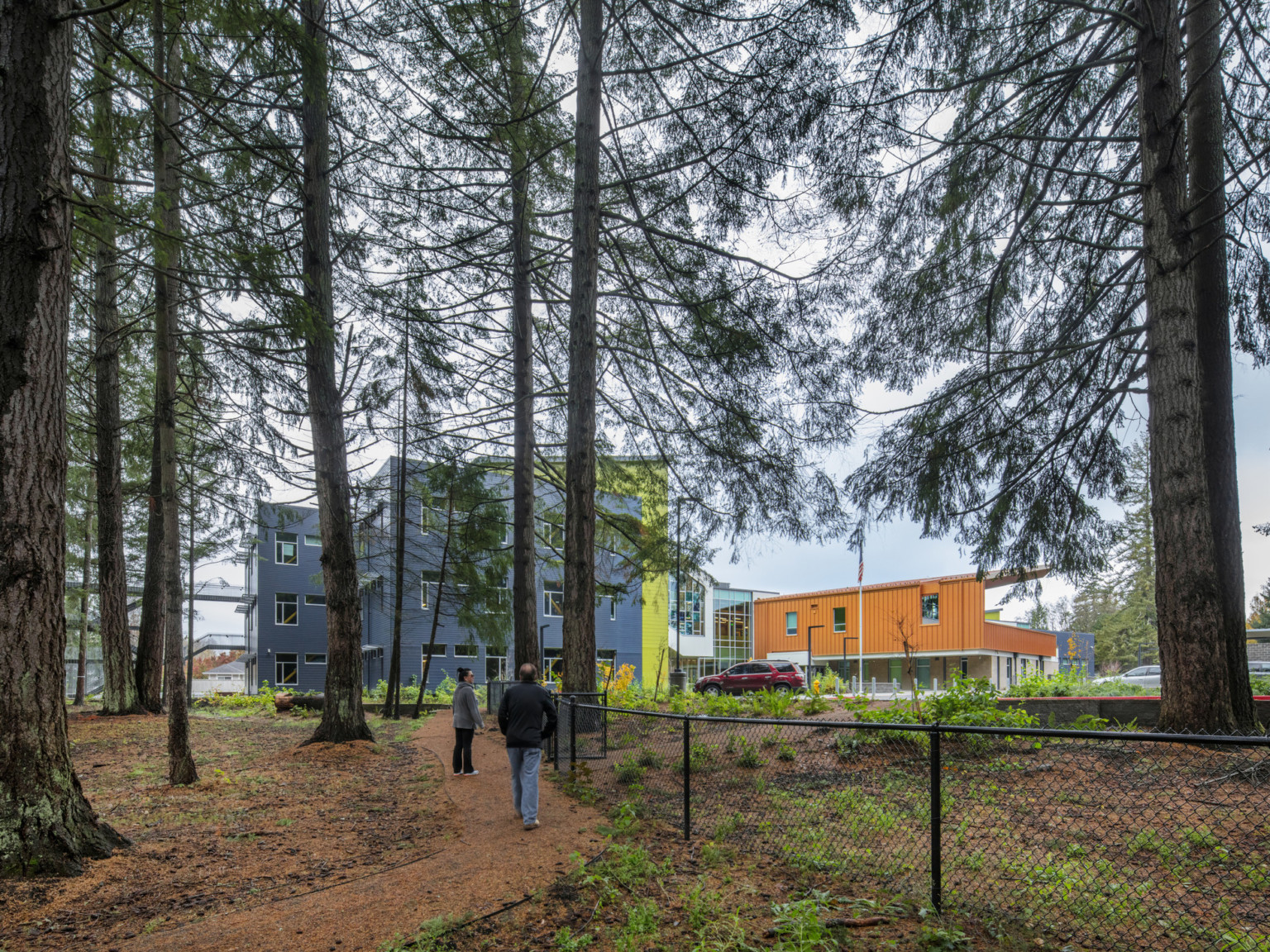 Tree lined wooded path leads past yellow and black building to front entrance of school. A black fence runs to the right