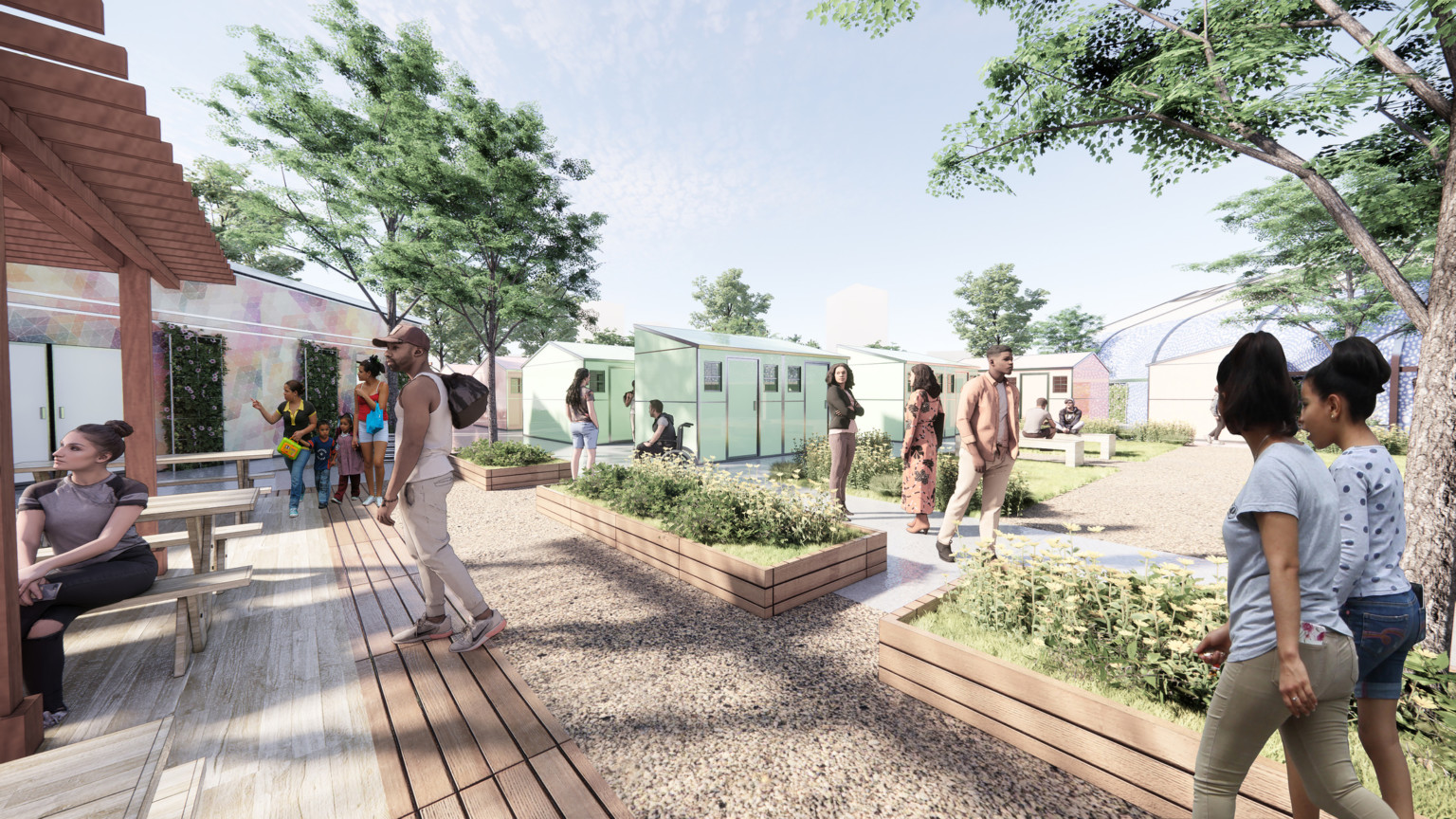 people walking through an outdoor area with different seating, gardens, and affordable housing units