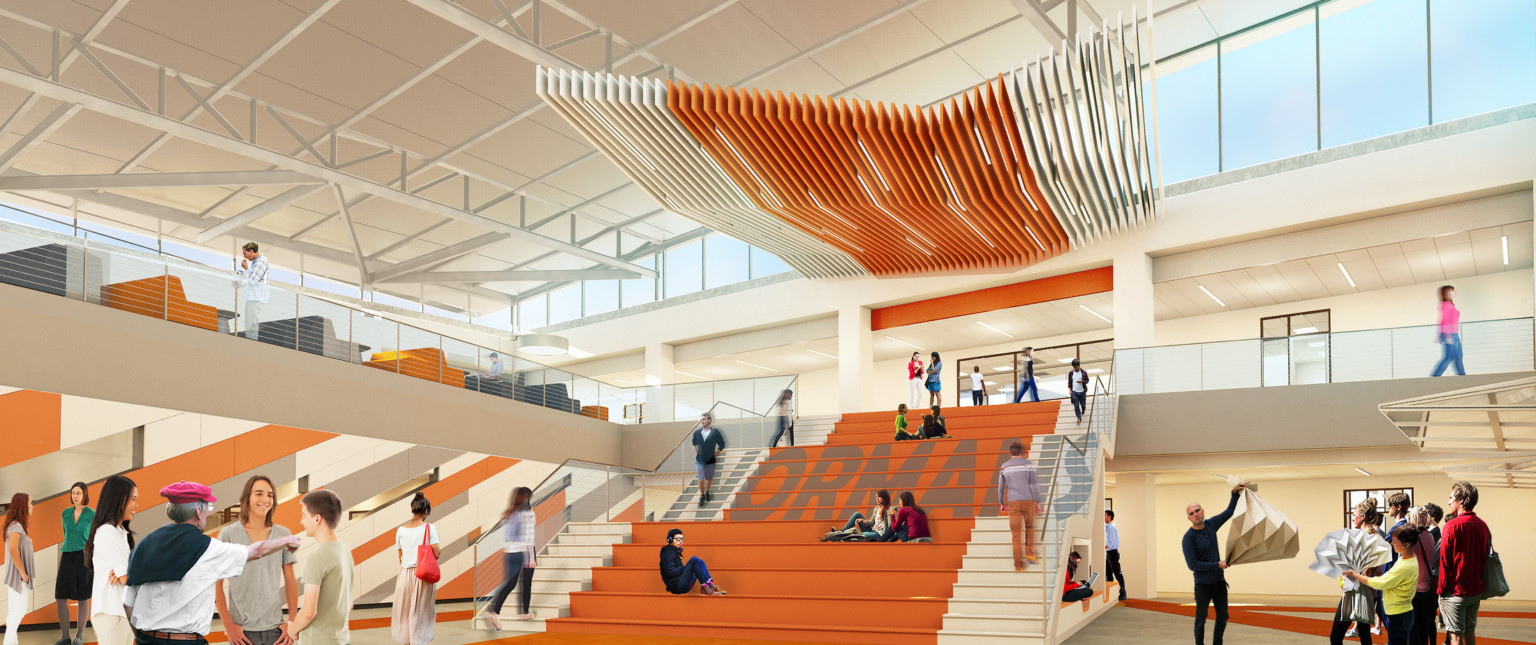 White stairs on either side of orange step bench seats with Normans written across. White and orange abstract panels above