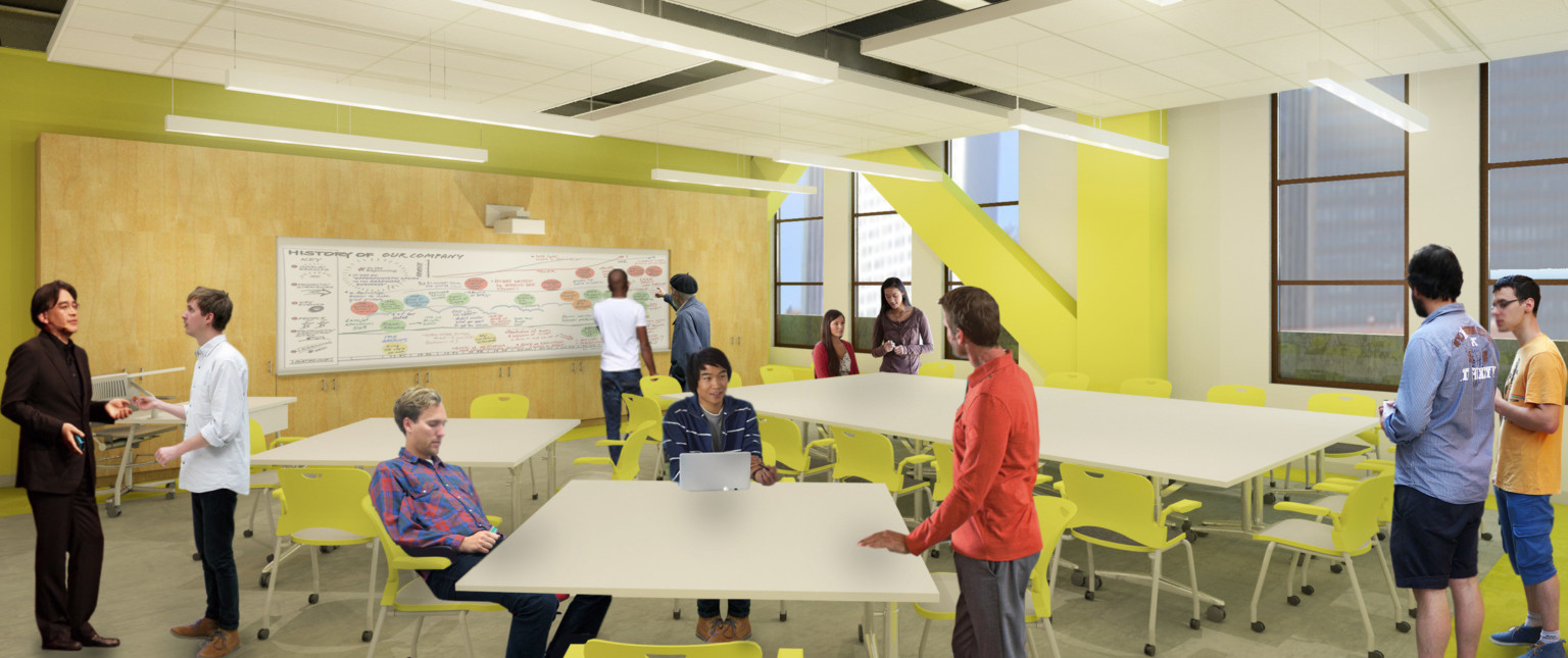 Classroom with flexible seating. Yellow Y shaped accent beam in front of white wall with windows. Wood panels on yellow wall