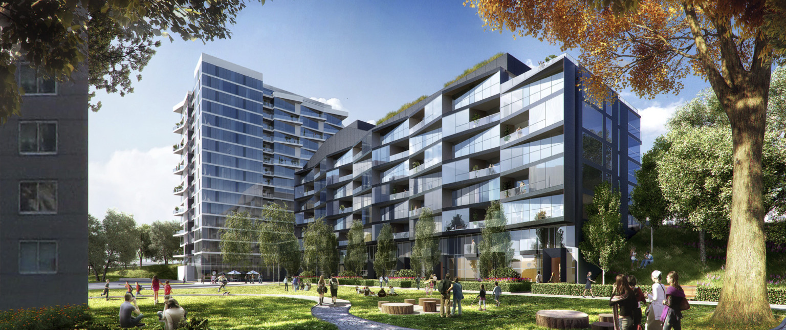 8 story glass building with angled stepped facade and black accents with courtyard. Back, a 17 story tower with white accents